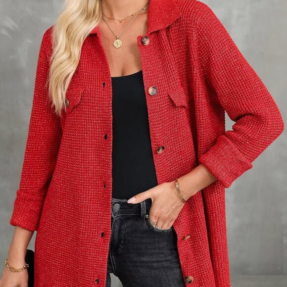 Women 2025 Fall Outfits Waffle Knit Sweater Shacket Jacket Casual Long Sleeve Bu - Picture 6 of 6